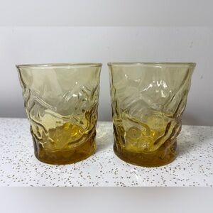 Set of 2 vintage Libbey Aztec honey gold small juice crinkle glass tumblers